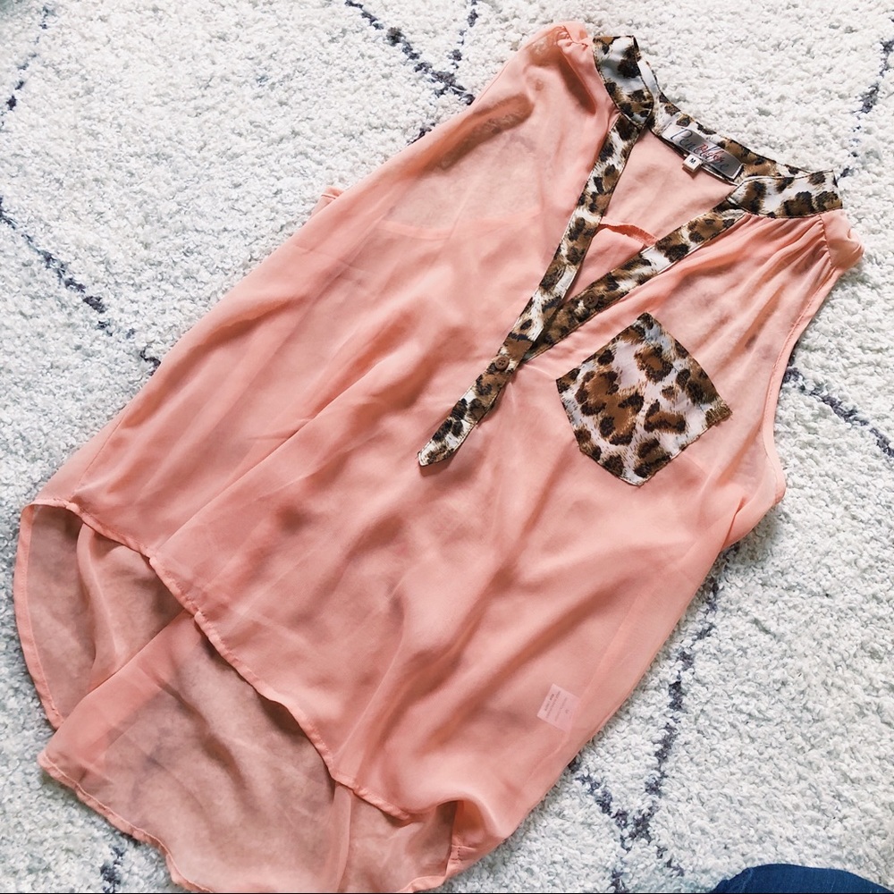 Penelope Pink Sheer High Low Leopard Print Tank Top Razor Back Vneck Size Medium